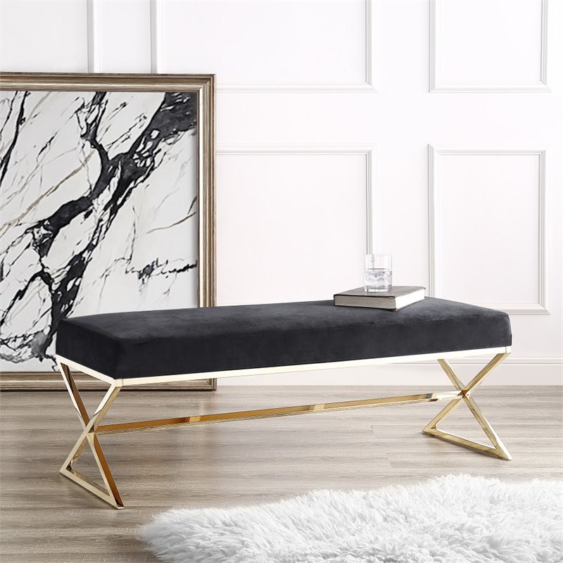 Maklaine Velvet Upholstered Bench with Stainless Steel Legs Black/Gold