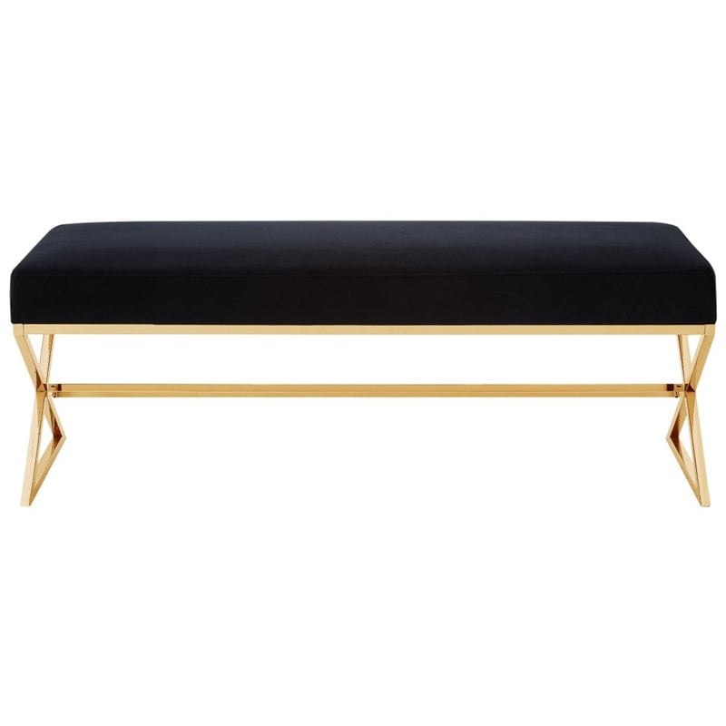 Maklaine Velvet Upholstered Bench with Stainless Steel Legs Black/Gold