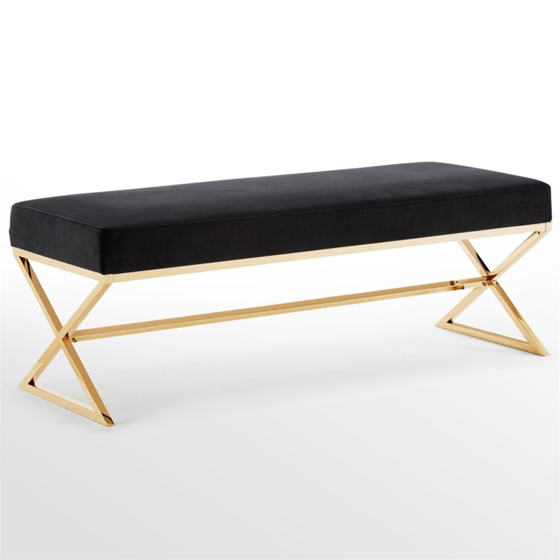 Maklaine Velvet Upholstered Bench with Stainless Steel Legs Black/Gold