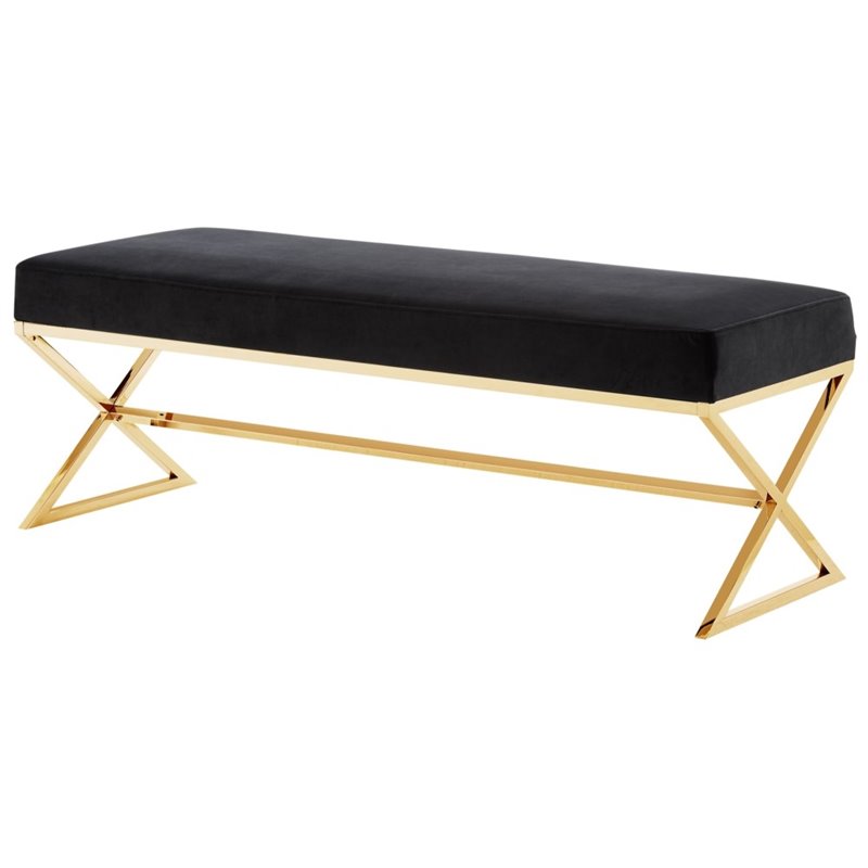 Maklaine Velvet Upholstered Bench with Stainless Steel Legs Black/Gold