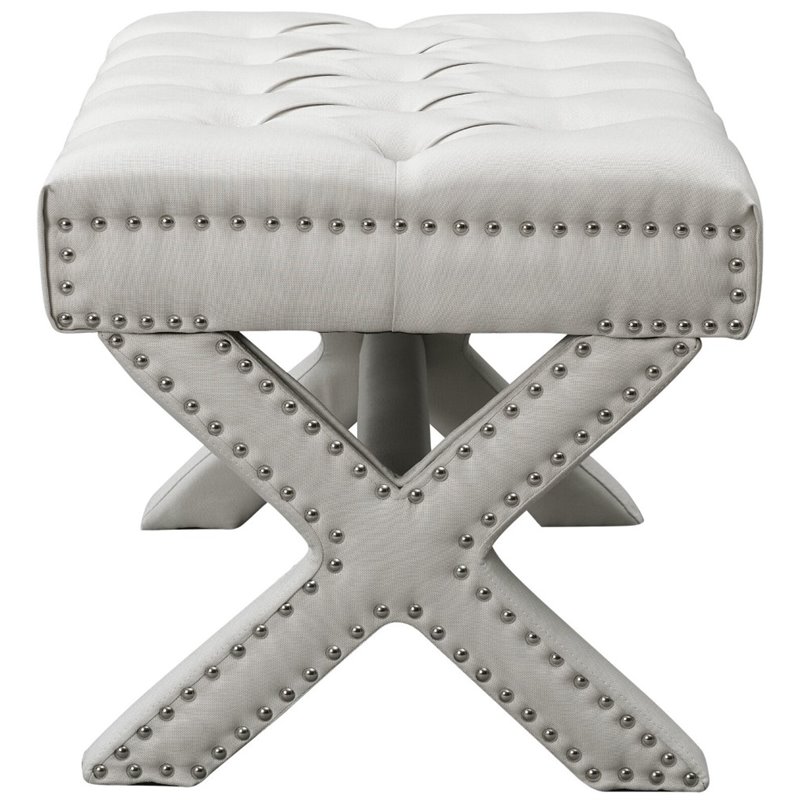 Maklaine Linen Fabric X-Base Ottoman with Nailhead Trim in Cream/White