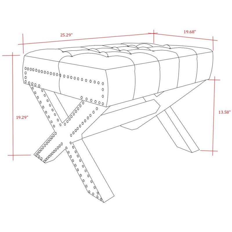 Maklaine Linen Fabric X-Base Ottoman with Nailhead Trim in Cream/White