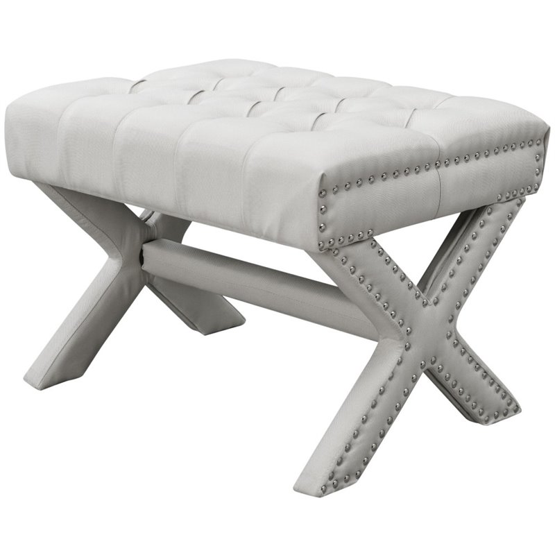 Maklaine Linen Fabric X-Base Ottoman with Nailhead Trim in Cream/White
