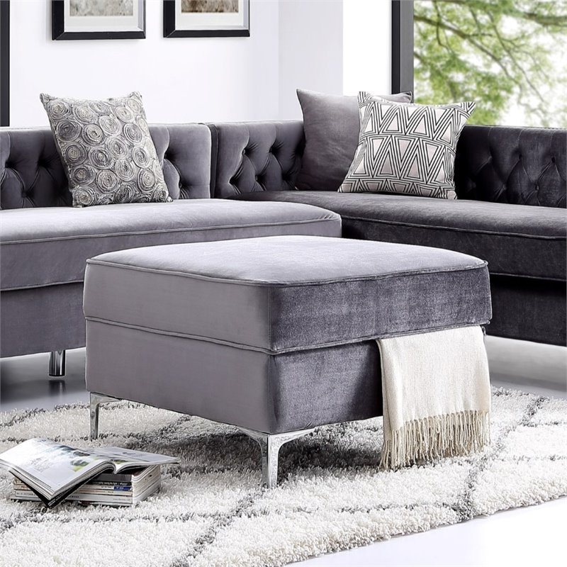 Maklaine Tufted Velvet Square Storage Ottoman with Chrome Legs in Gray