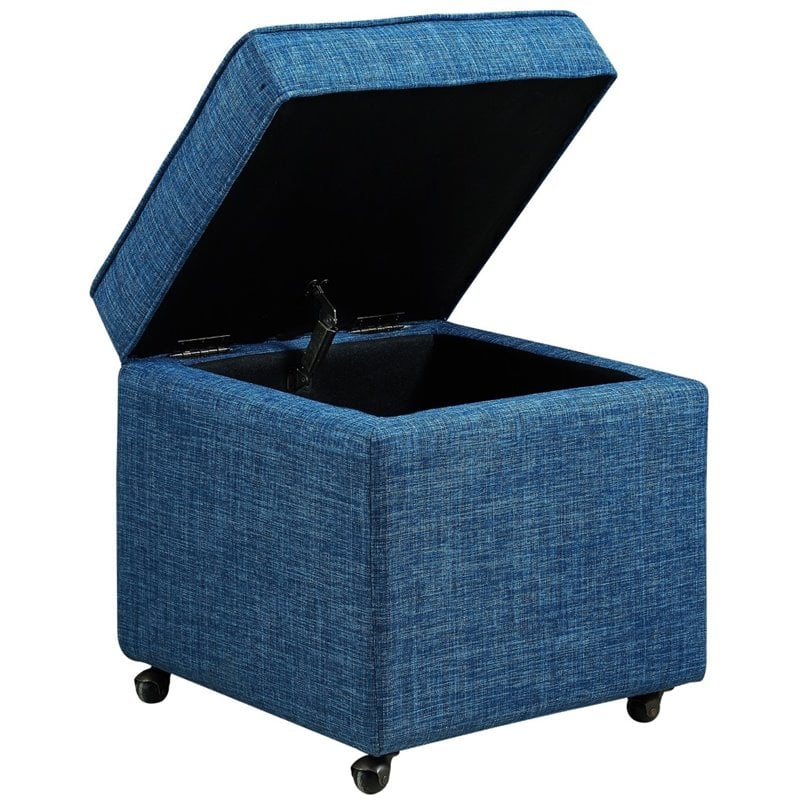 Maklaine Tufted Linen Fabric Cube Storage Ottoman with Casters in Blue
