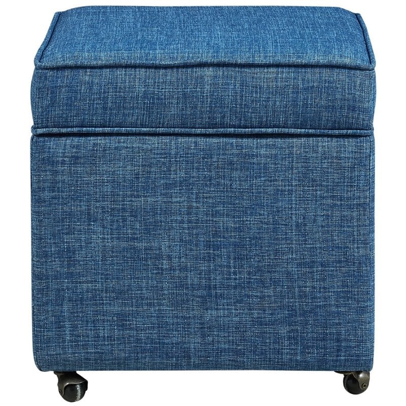 Maklaine Tufted Linen Fabric Cube Storage Ottoman with Casters in Blue