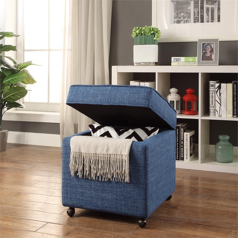 Maklaine Tufted Linen Fabric Cube Storage Ottoman with Casters in Blue