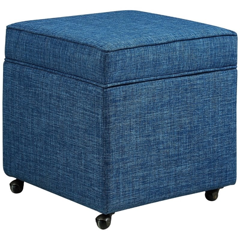 Maklaine Tufted Linen Fabric Cube Storage Ottoman with Casters in Blue