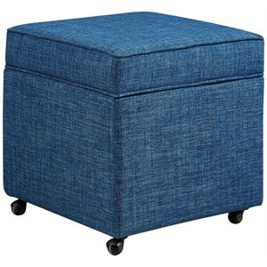 Maklaine Tufted Linen Fabric Cube Storage Ottoman with Casters in Blue
