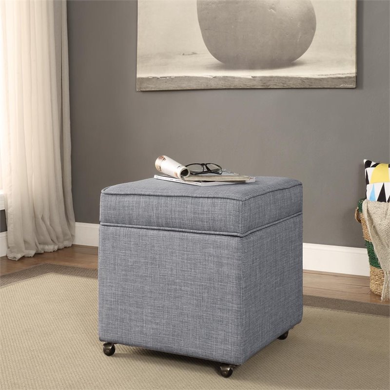 Maklaine Tufted Linen Fabric Cube Storage Ottoman with Casters in Gray