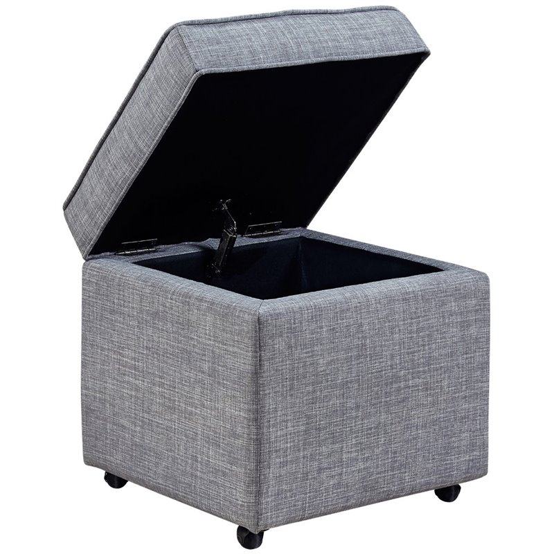 Maklaine Tufted Linen Fabric Cube Storage Ottoman with Casters in Gray