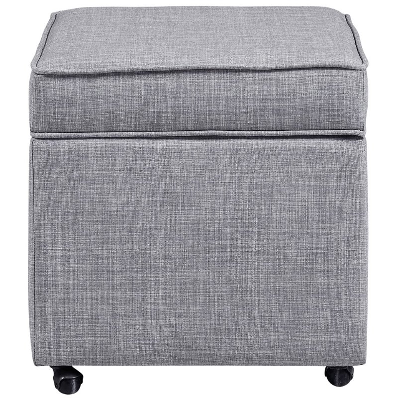 Maklaine Tufted Linen Fabric Cube Storage Ottoman with Casters in Gray