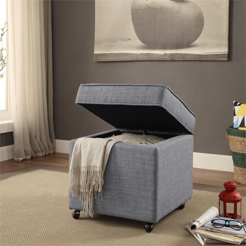 Maklaine Tufted Linen Fabric Cube Storage Ottoman with Casters in Gray