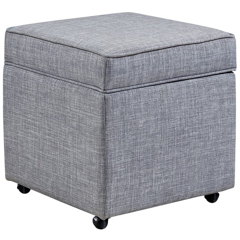 Maklaine Tufted Linen Fabric Cube Storage Ottoman with Casters in Gray