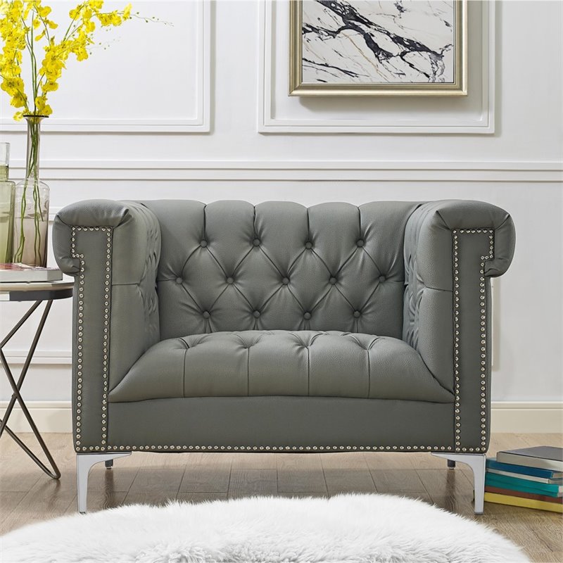 Maklaine Button Tufted Leather Chesterfield Accent Chair - Gray/Chrome