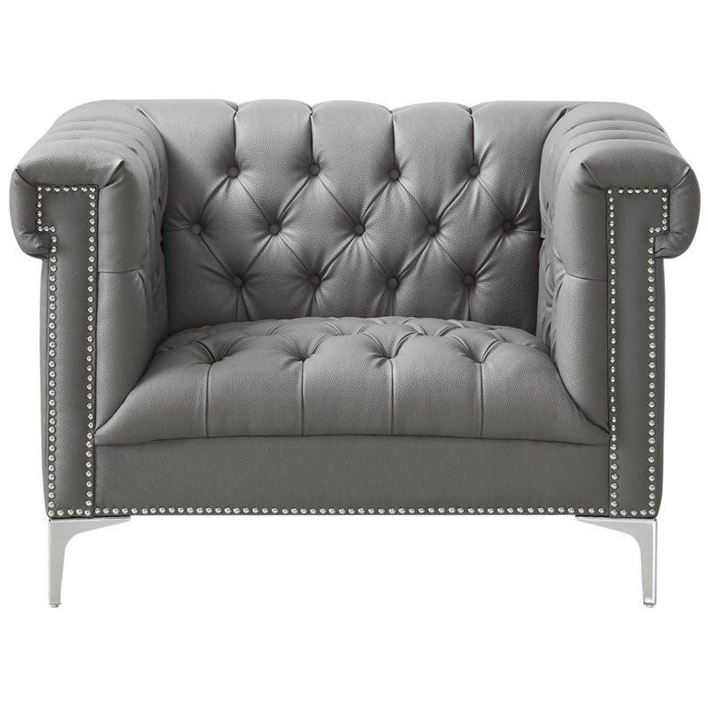 Maklaine Button Tufted Leather Chesterfield Accent Chair - Gray/Chrome
