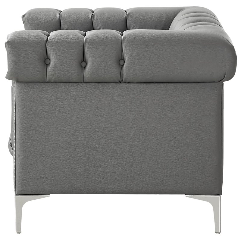 Maklaine Button Tufted Leather Chesterfield Accent Chair - Gray/Chrome