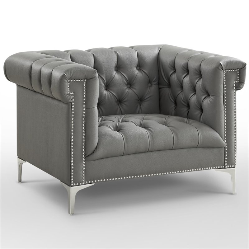 Maklaine Button Tufted Leather Chesterfield Accent Chair - Gray/Chrome