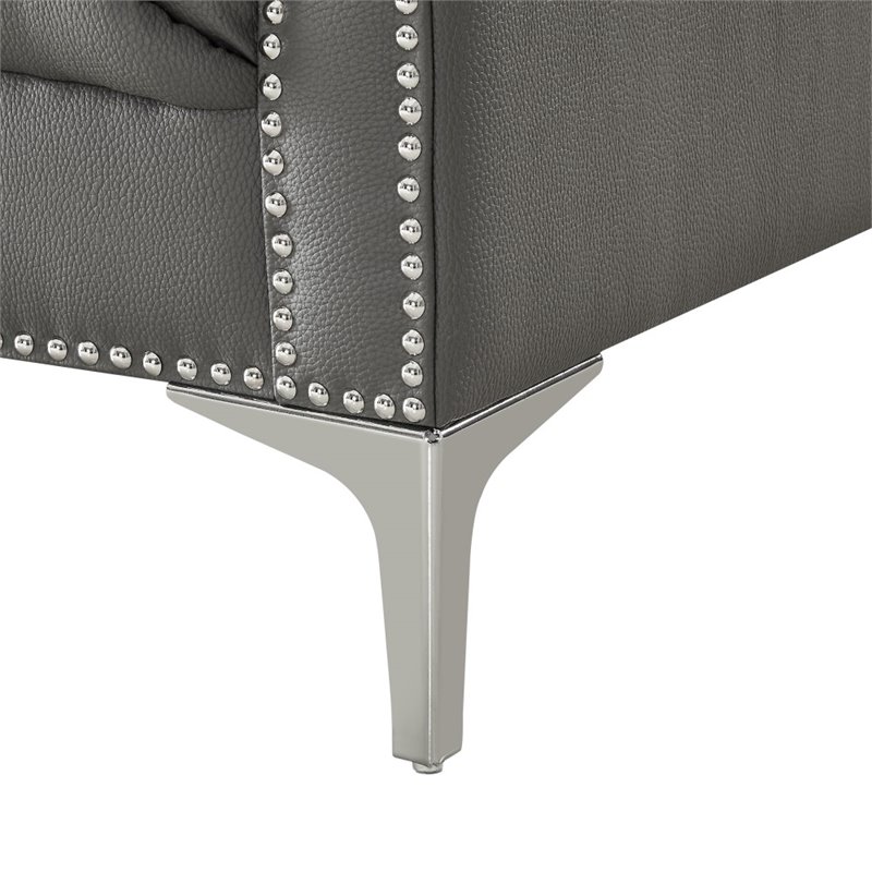 Maklaine Button Tufted Leather Chesterfield Accent Chair - Gray/Chrome