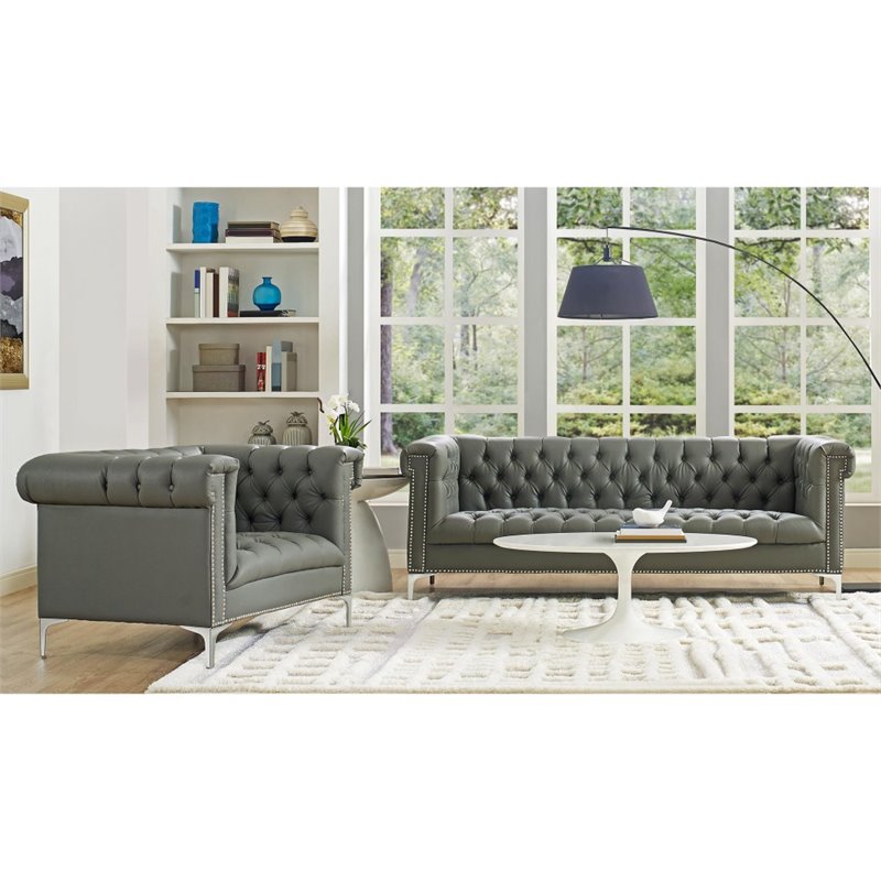 Maklaine Button Tufted Leather Chesterfield Accent Chair - Gray/Chrome