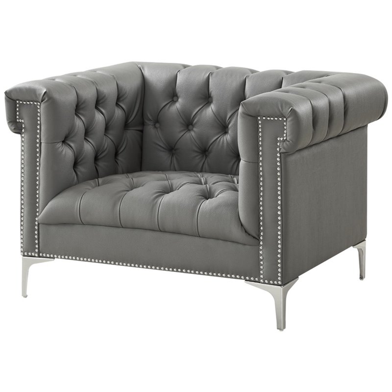 Maklaine Button Tufted Leather Chesterfield Accent Chair - Gray/Chrome