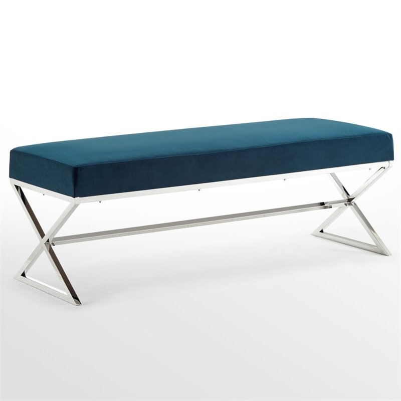 Maklaine Velvet Upholstered Bench with Stainless Steel Legs Blue/Chrome