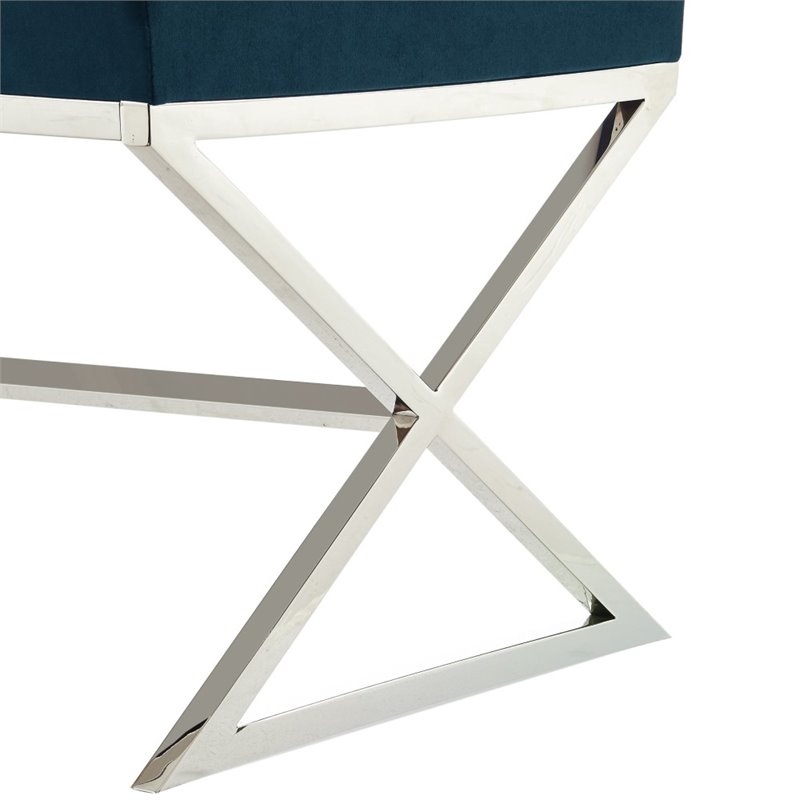Maklaine Velvet Upholstered Bench with Stainless Steel Legs Blue/Chrome