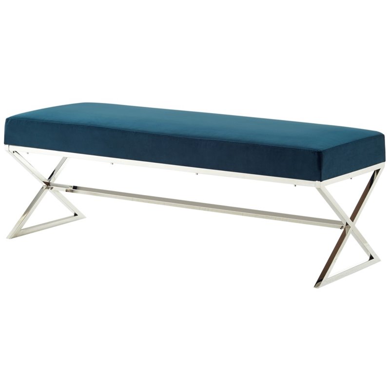 Maklaine Velvet Upholstered Bench with Stainless Steel Legs Blue/Chrome