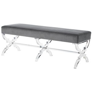 Maklaine Velvet Upholstered Bench with Acrylic X-Legs in Gray