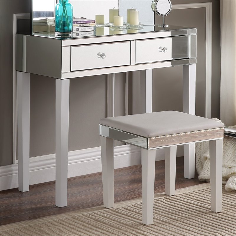 Maklaine 2-Drawer Mirrored Bedroom Vanity with Stool in White