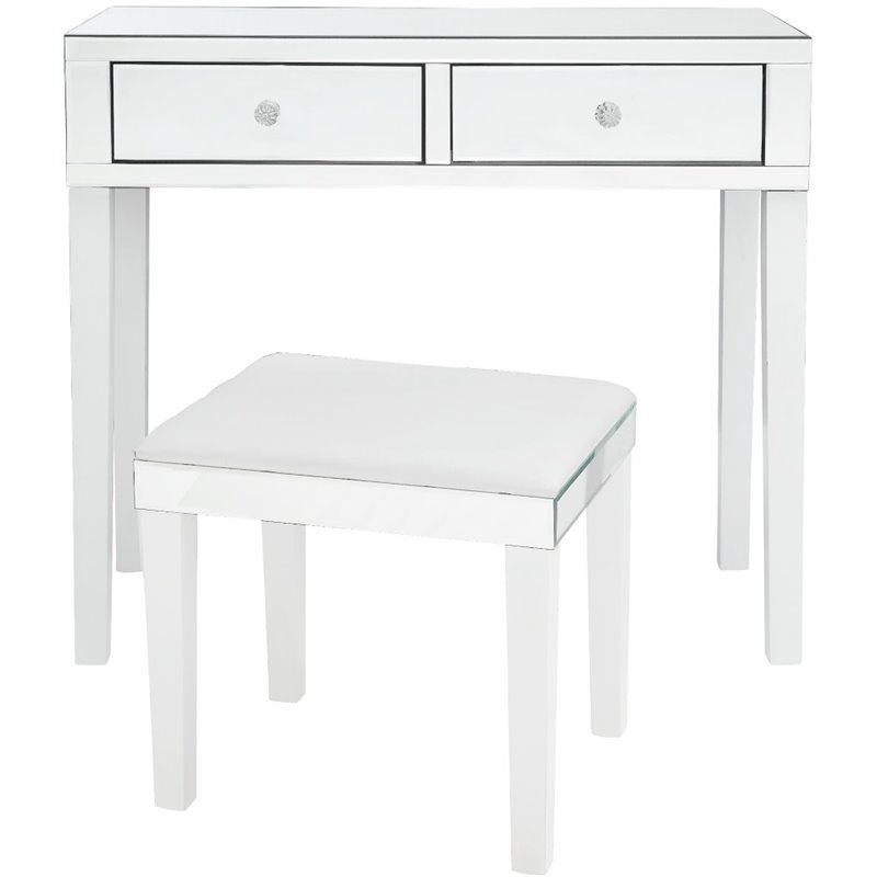 Maklaine 2-Drawer Mirrored Bedroom Vanity with Stool in White