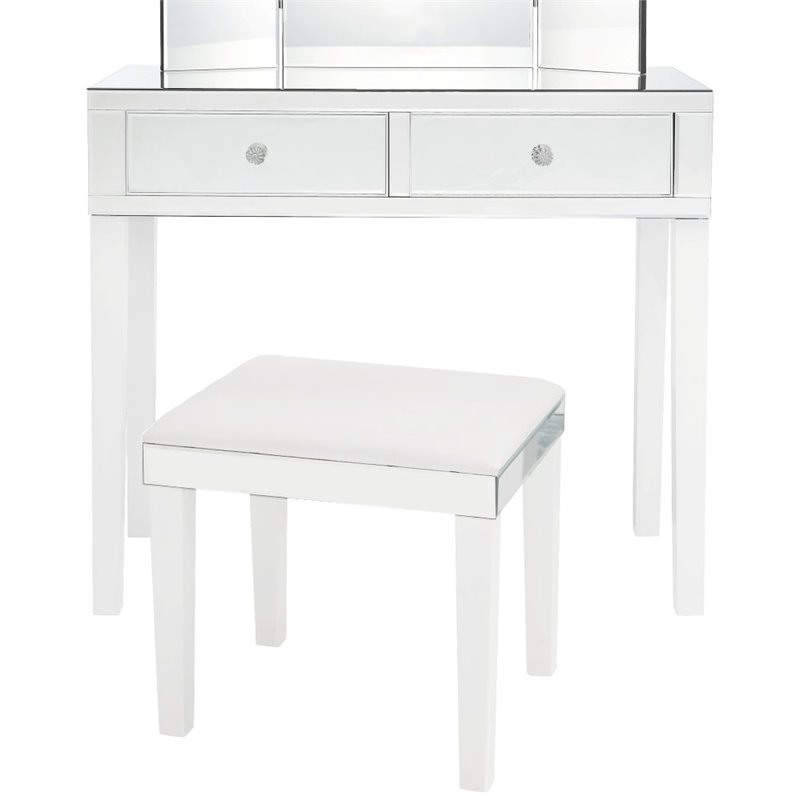 Maklaine 2-Drawer Mirrored Bedroom Vanity with Stool in White