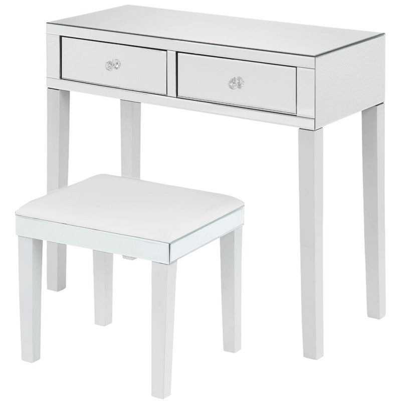Maklaine 2-Drawer Mirrored Bedroom Vanity with Stool in White