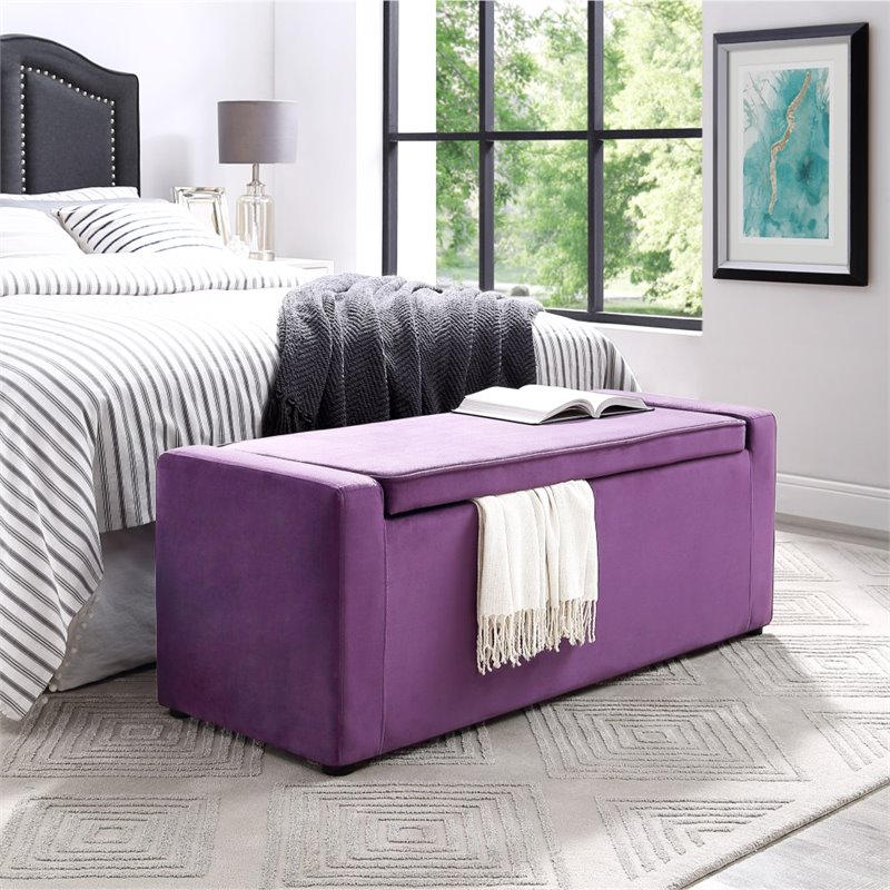 Maklaine Velvet Upholstered Bench with Shoe Storage in Purple