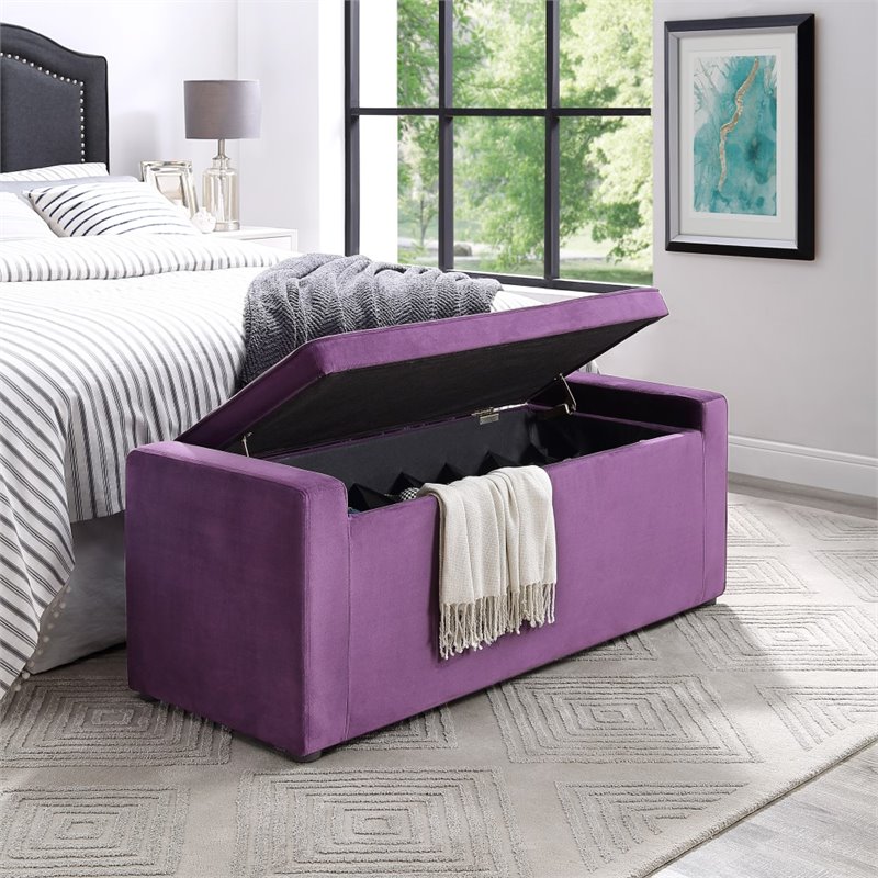 Maklaine Velvet Upholstered Bench with Shoe Storage in Purple