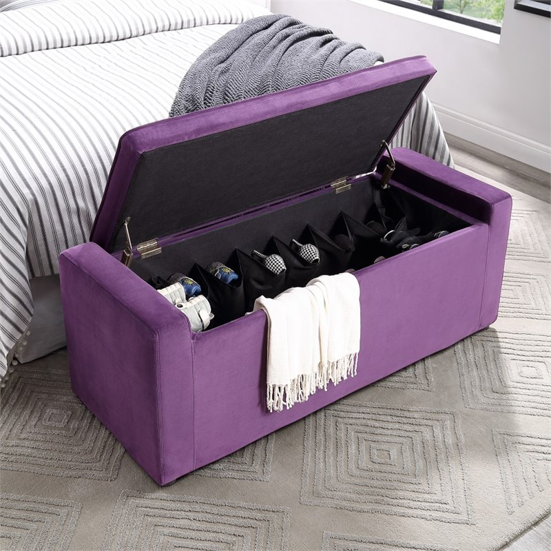 Maklaine Velvet Upholstered Bench with Shoe Storage in Purple