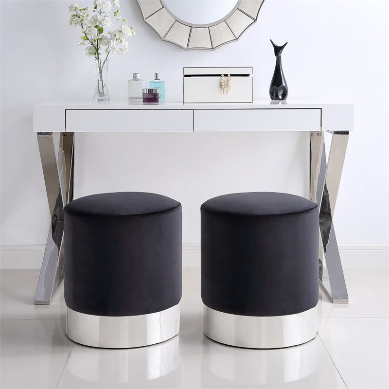 Maklaine Velvet Round Ottoman with Metal Base in Black/Chrome