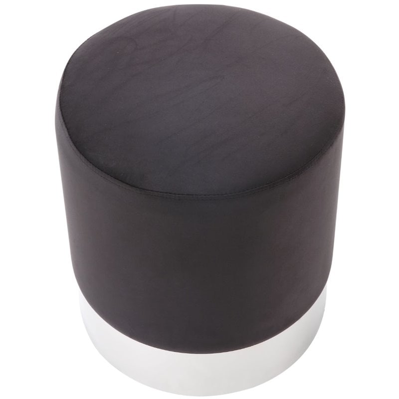 Maklaine Velvet Round Ottoman with Metal Base in Black/Chrome