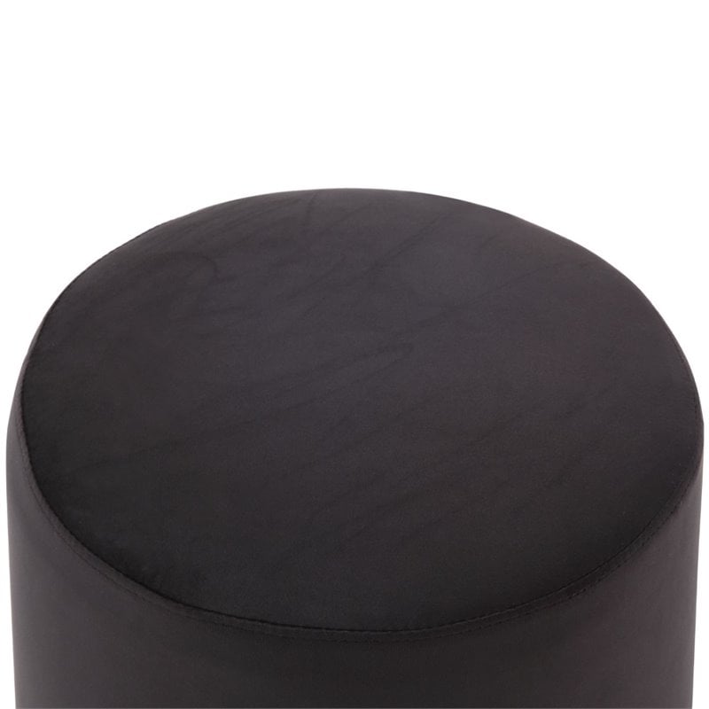 Maklaine Velvet Round Ottoman with Metal Base in Black/Chrome