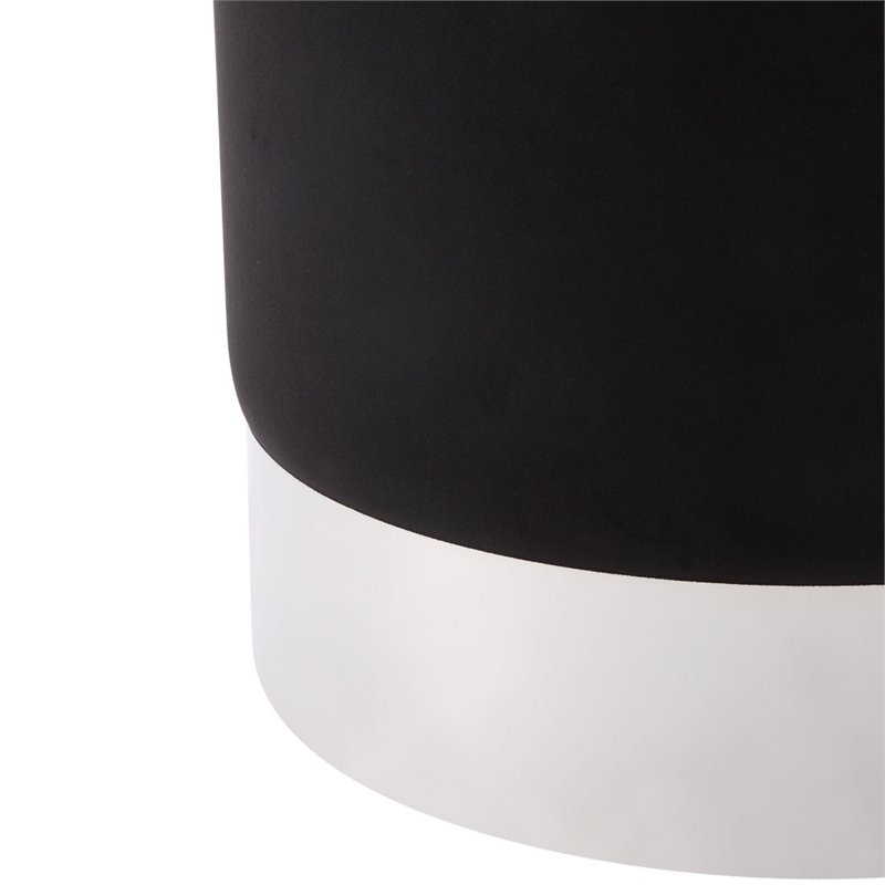 Maklaine Velvet Round Ottoman with Metal Base in Black/Chrome