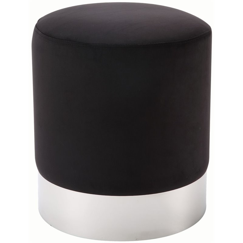 Maklaine Velvet Round Ottoman with Metal Base in Black/Chrome