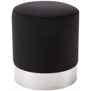 Maklaine Velvet Round Ottoman with Metal Base in Black/Chrome
