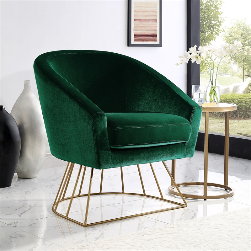 Maklaine Tufted Velvet Barrel Back Accent Chair in Green/Gold