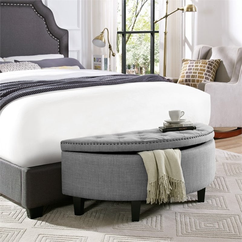 Maklaine Linen Fabric Half Moon Storage Ottoman in Light Gray