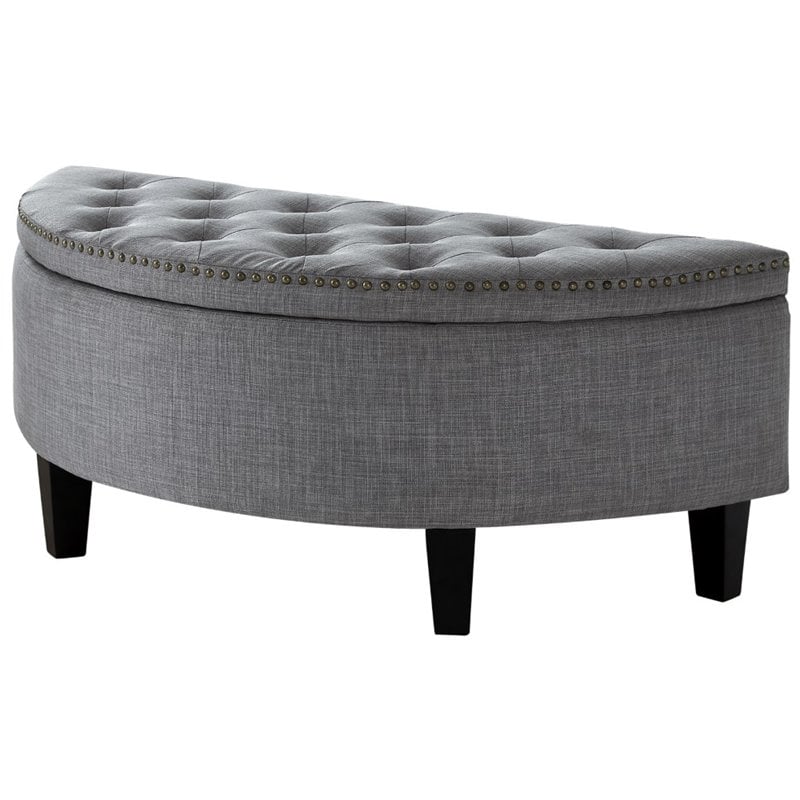 Maklaine Linen Fabric Half Moon Storage Ottoman in Light Gray