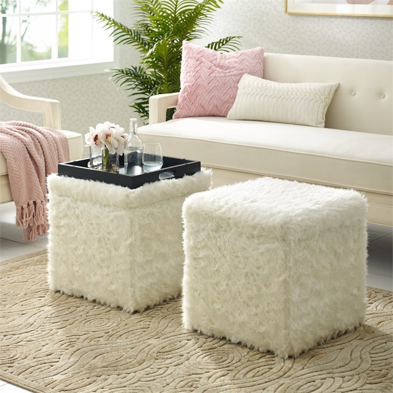 Maklaine Modern Faux Fur Fabric Cube Storage Ottoman in White