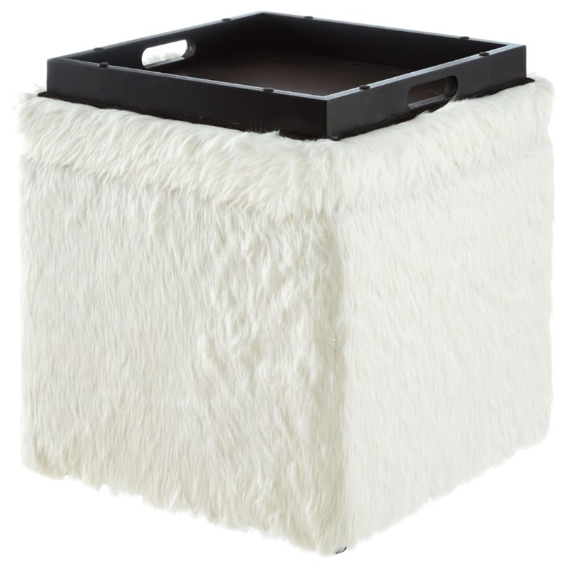 Maklaine Modern Faux Fur Fabric Cube Storage Ottoman in White