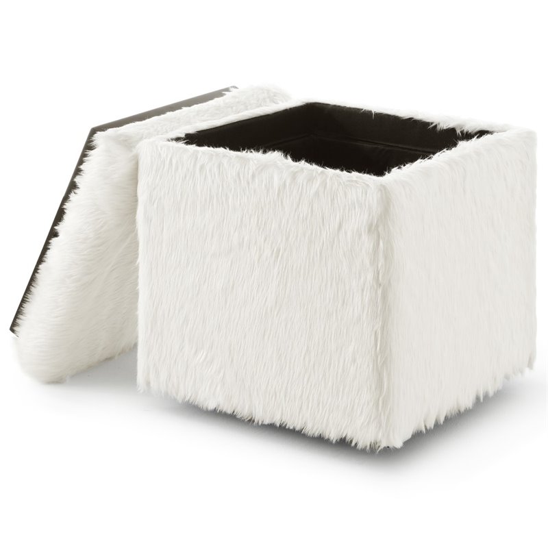 Maklaine Modern Faux Fur Fabric Cube Storage Ottoman in White
