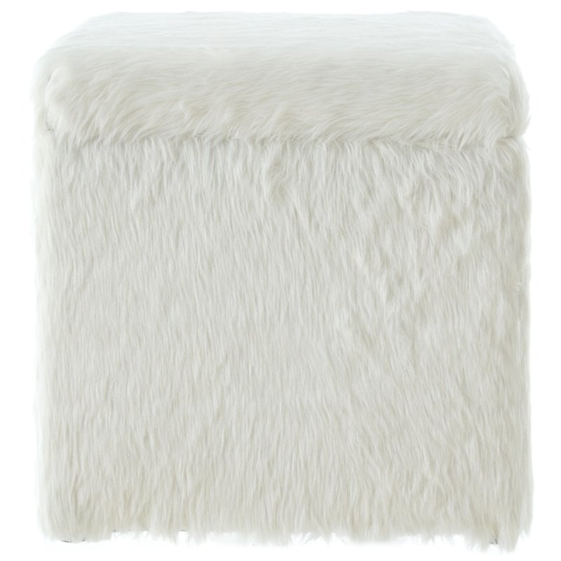 Maklaine Modern Faux Fur Fabric Cube Storage Ottoman in White