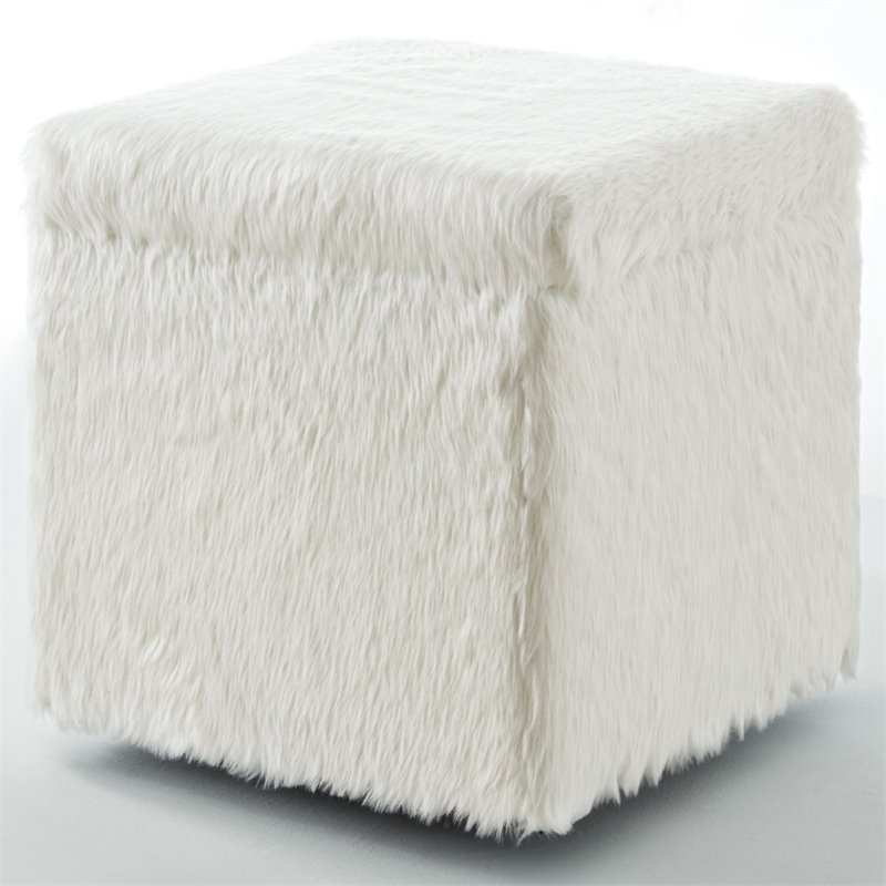 Maklaine Modern Faux Fur Fabric Cube Storage Ottoman in White